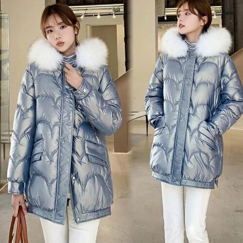 2021 New Winter Jacket Womens Coat Fur Hooded Female Warm Glossy Cotton Padded Jacket Winter Ladies Parkas Long Women Clothing