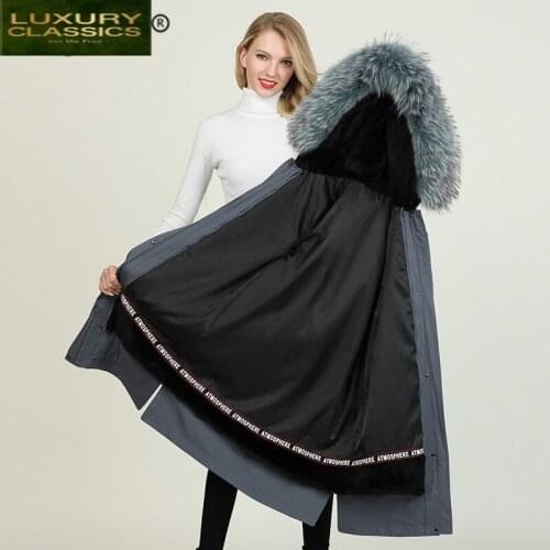 Coat Winter Jacket Women Natural Raccoon Fur Hooded Real Rex Rabbit Liner Parka Thick Warm Coat Female Long Outwear 918-0