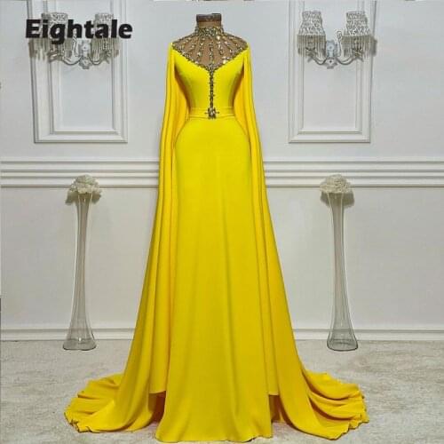 Eightale Arabic Evening Dresses Crystals Hihg Neck Mermaid Evening Gown Cap Sleeves Yellow Celebrity Prom Party Dresses