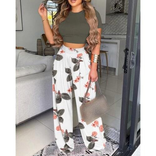 2021 Summer Two Pieces Beachwear Solid O-Neck Short Sleeve Sexy Crop Top & Floral Print Wide Leg Pants Set Womens Casual Suits