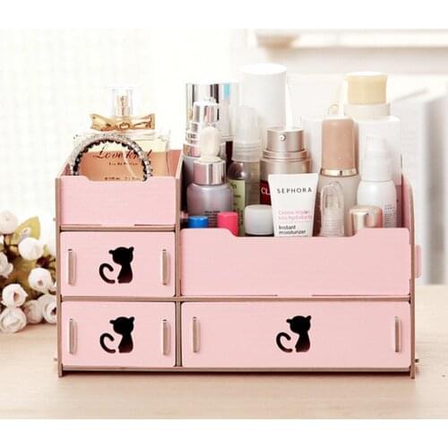 Pink DIY Desktop Storage Cute Cat Display Boxes Makeup Organizer for Any Decor