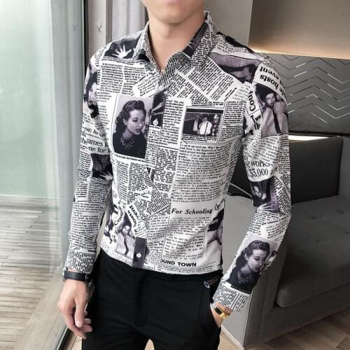 Mens Camisa Masculina Long Sleeve Newspaper Printed Shirt Autumn Flower Shirt Men Formal Shirts For Men Ropa De Hombre 2020