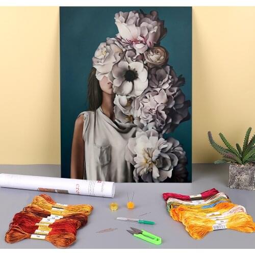 Flower Women Pre-Printed 11CT Cross-Stitch DIY Embroidery Set DMC Threads Craft Handiwork Painting Handmade Design Gift Adults