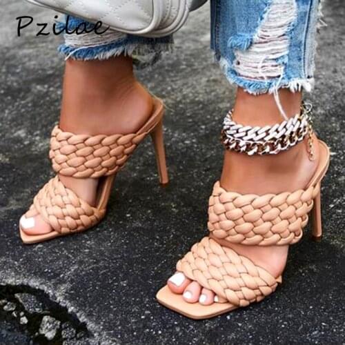 Pzilae Summer women sandals ladies high heels fashion braid PU leather square toe shoes womens slippers outdoor sandals size 42