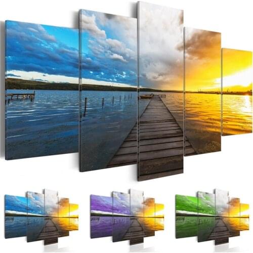 Modern Wall Art 5 Pieces Wooden Trestle on Sea Water Colorful Sunset Sky Landscape Canvas Print Home Decoration Picture