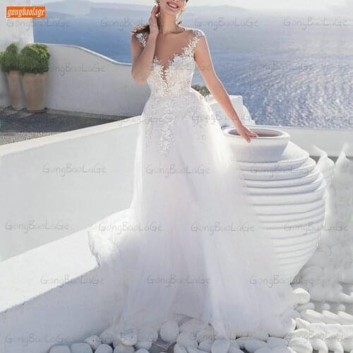 Boho White Wedding Dress O Neck 2021 Beach Vestido De Novia Custom Made Corset Bridal Gown In Stock Built-In Bra Robe De Mariage