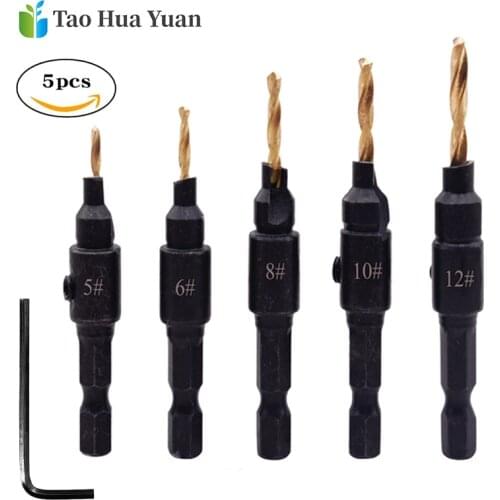 5PCS HSS Steel Countersink Drill Bit 5/6/8/10/12 Woodworking Screw Hole Drill Bit Wood Drill Bit Titanium coated Hole Cutter AA