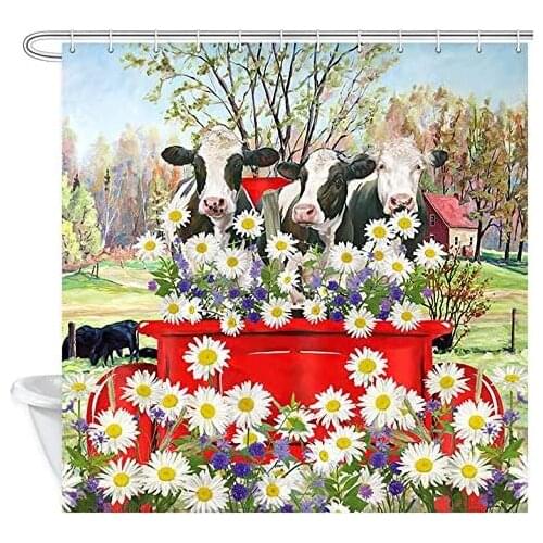 Farmhouse Cow Shower Curtain, Country Farm Animal Cattle on Retro Red Truck Bathroom Decor