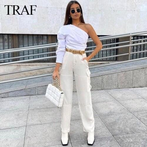 TRAF Women Clothes Fashion Sexy Za Solid Color One-shoulder Single-breasted Lightweight Blouse Casual Personality Street Shirt