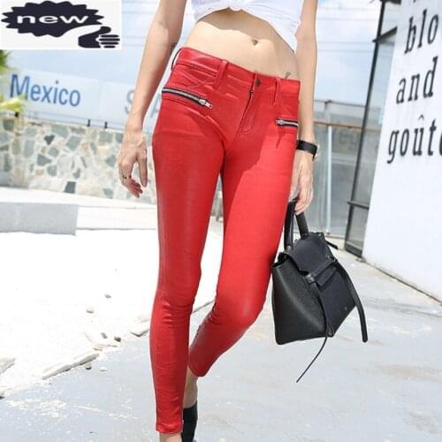 Sexy Elastic Genuine Pencil Women Low Waist Skinny Trousers Multiple Zippers Natural Leather Real Sheepskin Pants