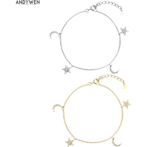 ANDYWEN 2020 New 925 Sterling Silver Star Moon Charm Bracelet Chain Women Luxury Fashion Jewelry Luxury Crystal Party Jewelry