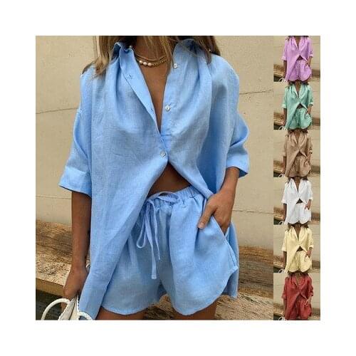 2021 summer sets womens solid color single-breasted short-sleeved shirt and shorts loose fashion casual two-piece sets