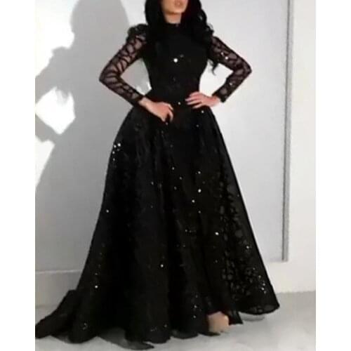 2021 New Autumn/Winter Long Evening Dress Lace Sleeve Sequins Design Black Detachable Tail Ever Pretty Dress
