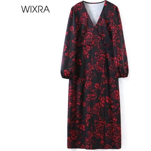Wixra V Neck Floral Print Dress Womens New Fashion Streetwear Spring Summer Trendy Female Mid Calf Clothing