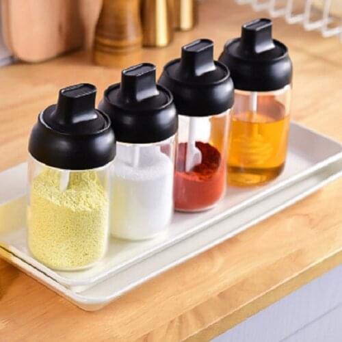 250/280/300ML Transparent Kitchen Supplies Glass Spice Jar Salt Sugar Pepper Spoon Plastic Seasoning Bottle Salt Glass Jar