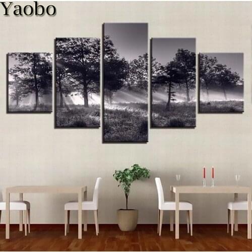 5 panel black and white forest landscape Diamond embroidery Home decoration mosaic picture Craft patchwork Rhinestones icon