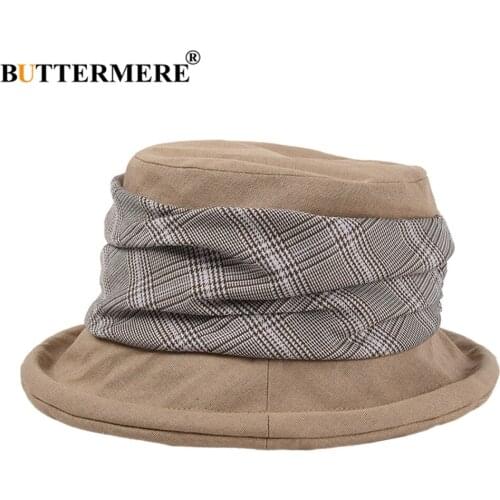 BUTTERMERE Vintage Women Bucket Hat Khaki Plaid Floppy Hat Cotton Japanese High Quality Ladies Fisherman Hat
