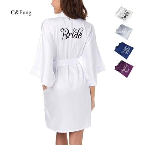 C&Fung brand satin kimono robe artist hand writing quality Silk-Like pajamas white wedding robe bridesmaid maid of honor robes