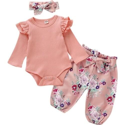 Newborn Infant Baby Girl Clothes Knitted Long Sleeve Tops Romper+Flower Pants+Headband 3pcs Outfits Set