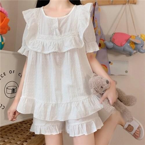 Lolita princes white pure cotton pajama set women sleepwear 2 piece set short sleeve summer girls loungewear home suit Y720