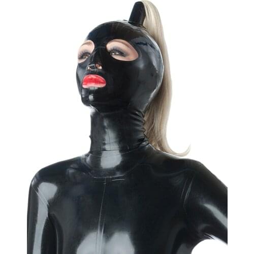 New Arrival Nature Latex Hood Sexy Latex Full Face Mask Ponytail Cosplay Full Faced Hood With Rear Zip