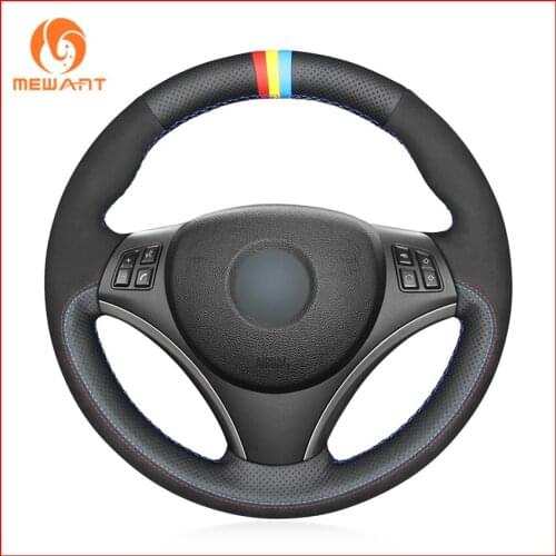 MEWANT Black Genuine Leather Suede Steering Wheel Covers for BMW E90 E91 E92 E93 E87 E81 E82 E88 X1 E84 Accessories