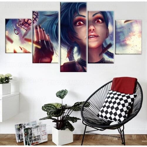 Printed Modular Pictures Frame Canvas Painting Room Home Wall Art Decor 5 Panel League Of Legends Game Jinx Poster