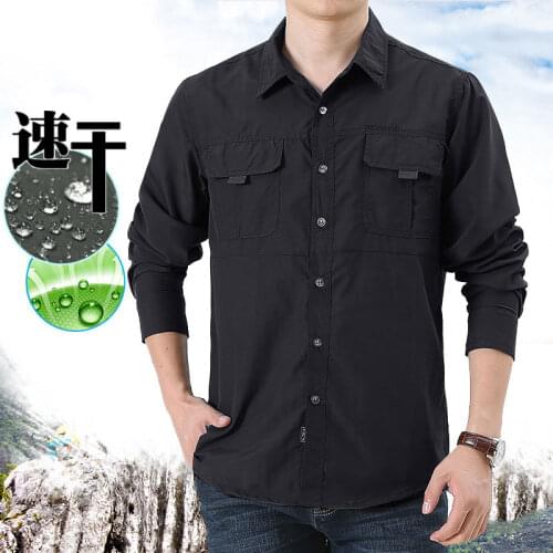 Mens Nylon Quick-dry Shirt Long Sleeve Multi-pockets Cargo Blouse Hiking Fishing Mountaineering Tactical Utility Underclothes
