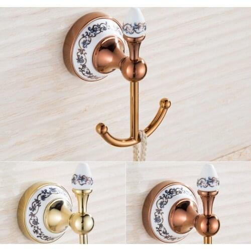 Rose Gold Brass Bathroom Robe Hook Clothes Holder Wall Mount Nail Punch Bag Rack Key Hanger Blue & White Porcelain Bath Hardware
