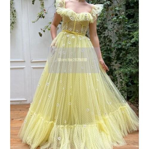 Turkish Light yellow 2020 Dubai Sweetheart A-Line Floor-Length GD With The Same Small Daisy Prom Dress Party Dress Formal Dress