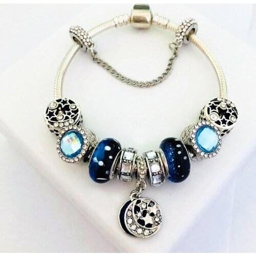 Popular European Bracelets Glass Crystal Night Blue Sky Star Charms DIY Snake Chain Snap Clasp Jewelry Christmas Gifts 16-22cm