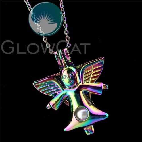 R-C802 Rainbow Colors Cute Angel Girl Beads Cage Pendant Perfume Diffuser Aromatherapy Oyster Pearl Cage Locket Necklace