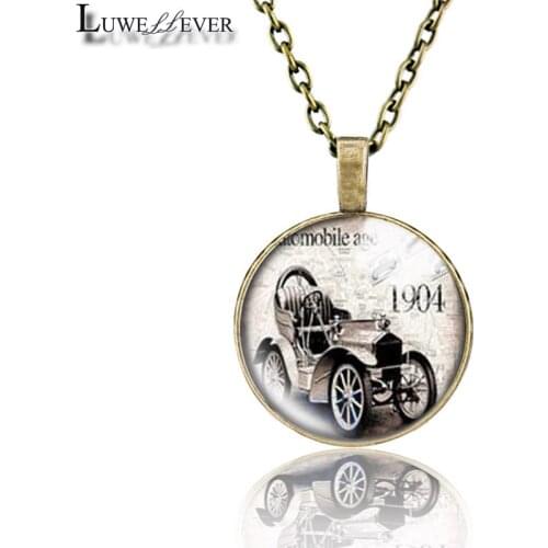 Retro Car Necklace 670 25mm Bronze 30mm Wood Rhinestone Double-sided Moon Round Glass Pendant For Women Gift