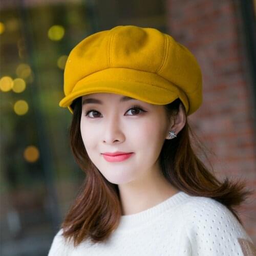 H7706 Korean Woolen Octagonal Hat Women British Retro Autumn Winter Warm Cap Girl Student Japanese Simple Party Pure Color Hats