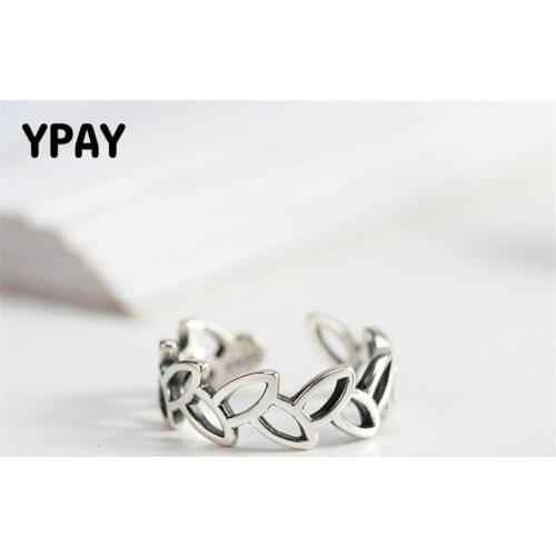 YPAY 100% Real 925 Sterling Silver Rings for Women Leaves Design Opening Adjustable Ring Fine Wedding Jewelry Gifts YMR387