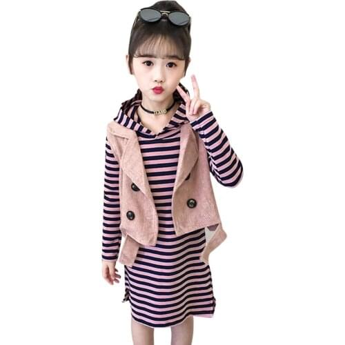 Teen Girls Clothing Striped Pattern Clothes For Girls Hoodies + Dress Clothes For Girls Spring Autumn Tracksuits For Children