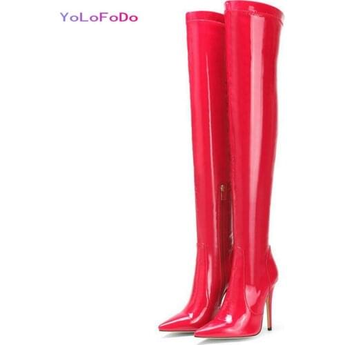 2021 Autumn Winter Women Over the Knee Boots Patent Leather Thin High Heel Ladies Thigh Boots Fashion Pointed Toe Zipper Shoes