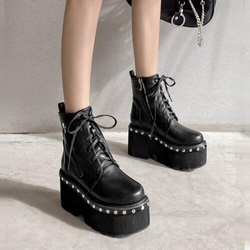 Boots Women Motorcycle Shoes demonia boots botas militares Mujer rivet Platforms Leather Oxford Shoes Woman High Heels YMB348-1