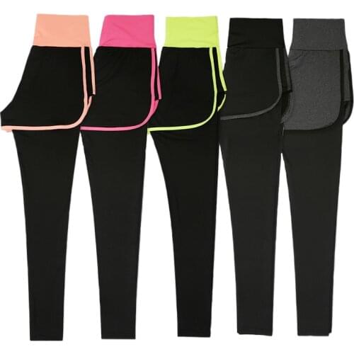 Women Fitness Running Leggings High Waist Tights Push Up Gym Sports Wear Black Yoga Pants False Two piece Workout Trousers