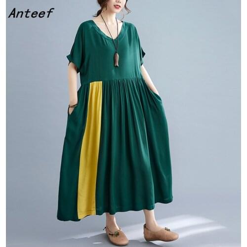 Short sleeve cotton vintage dresses for women casual loose long woman summer dress elegant clothes 2021 sundress