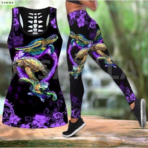 Purple Flower Turtle Two Piece Yoga Set Women 3D Print Vest Hollow Out Tank Top High Waist Legging Summer Casual Sport