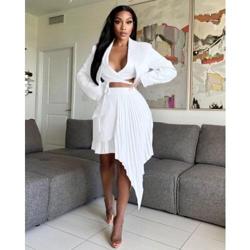 2021 Best Quality Fashion Design 2 pcs Women Set Solid Ruched Notched Blazer Mini Dress Office Lady Outfits