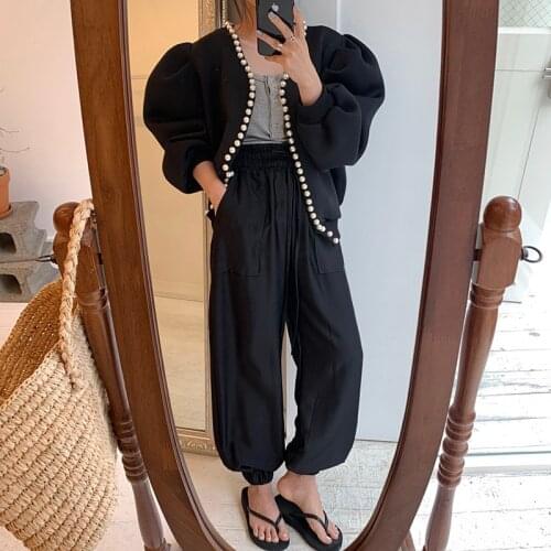 Autumn Korean Vintage Two Piece Set Women Puff Sleeve Jacket Coat + Trousers Pants Suits Cardigan Sets 2 Pieces Outfits Elegant