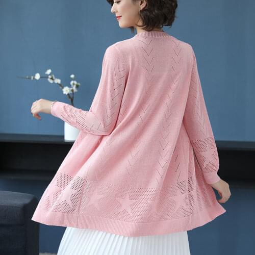 2021 Spring Summer Women Mid-long Ice Silk Knitted Cardigan Thin Shawl Jacket Long Sleeve Sun Protection Clothing Femme X59