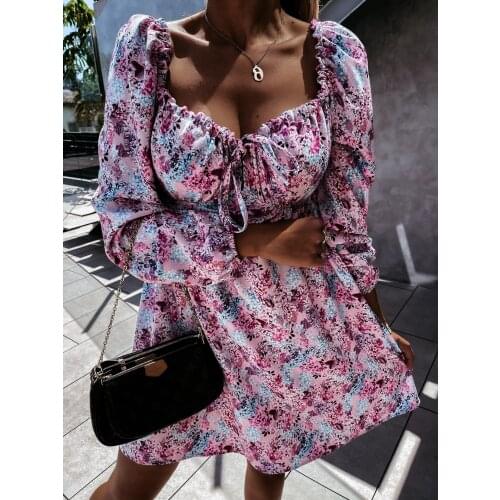 Woman O-Neck Short Mini Dress Lantern Sleeve Blouses Female Ladies A-Line Dresses Autumn 2021 Square Collar Plus Size Dress