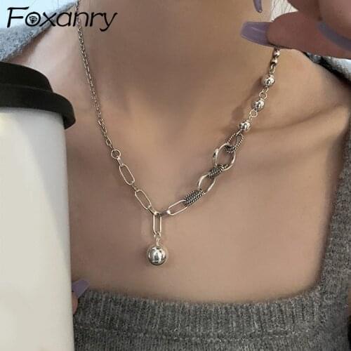 Foxanry 925 Sterling Silver Sweater Necklace New Fashion Punk Hip Hop Splicing Chain Sweet Couples Party Jewelry Gifts for Women