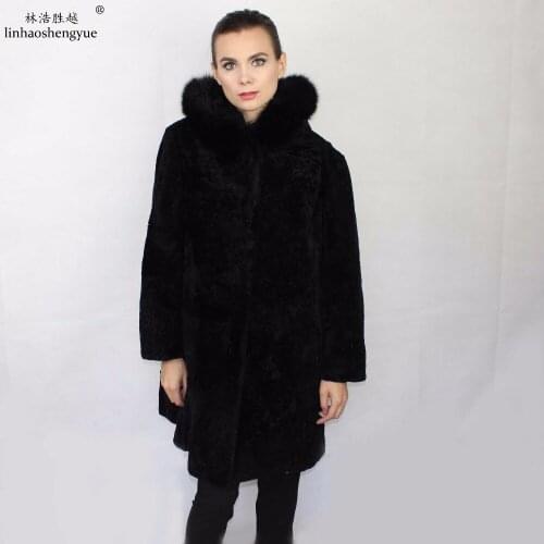 Linhaoshengyue 100cm Fashion Ladies Sheep Cut Long Cap Coat Cap with Fox Fur Collar Freeshipping