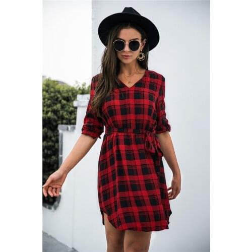 Autumn Vintage Plaid Print Dress For Woman Casual V-neck Long Sleeve High Waist A-Line Belted Ladies Dresses 2021 Women Clothing