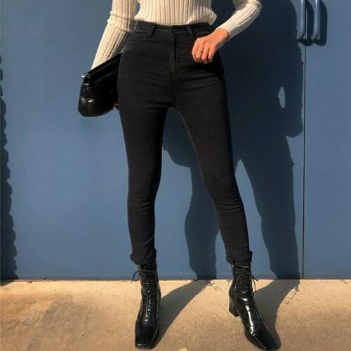 2021 Winter Chic Long Trousers Female Elastic Black Skinny Jeans Pants Ripped Holes High Waist Women Capris Denim Jeans