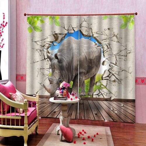 Customized Size 3D Stereoscopic Broken Wall Elephant Rhinoceros Blackout Curtain For Living Room Kids Green Straw Window Drapes